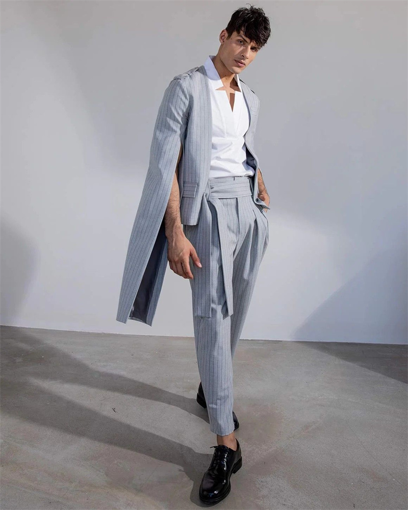 Men Formal Wear With Coat - Pinstripe Grey Men Suit Set 2