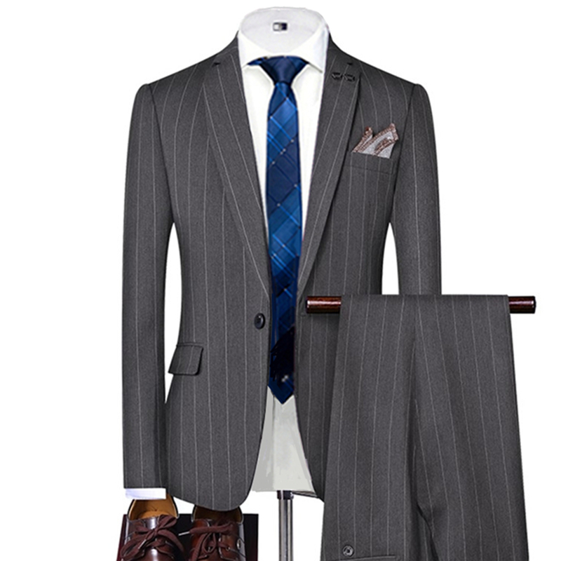 Men Formal Wear Wedding - Grey/Black Striped Mens Suits Single Breasted