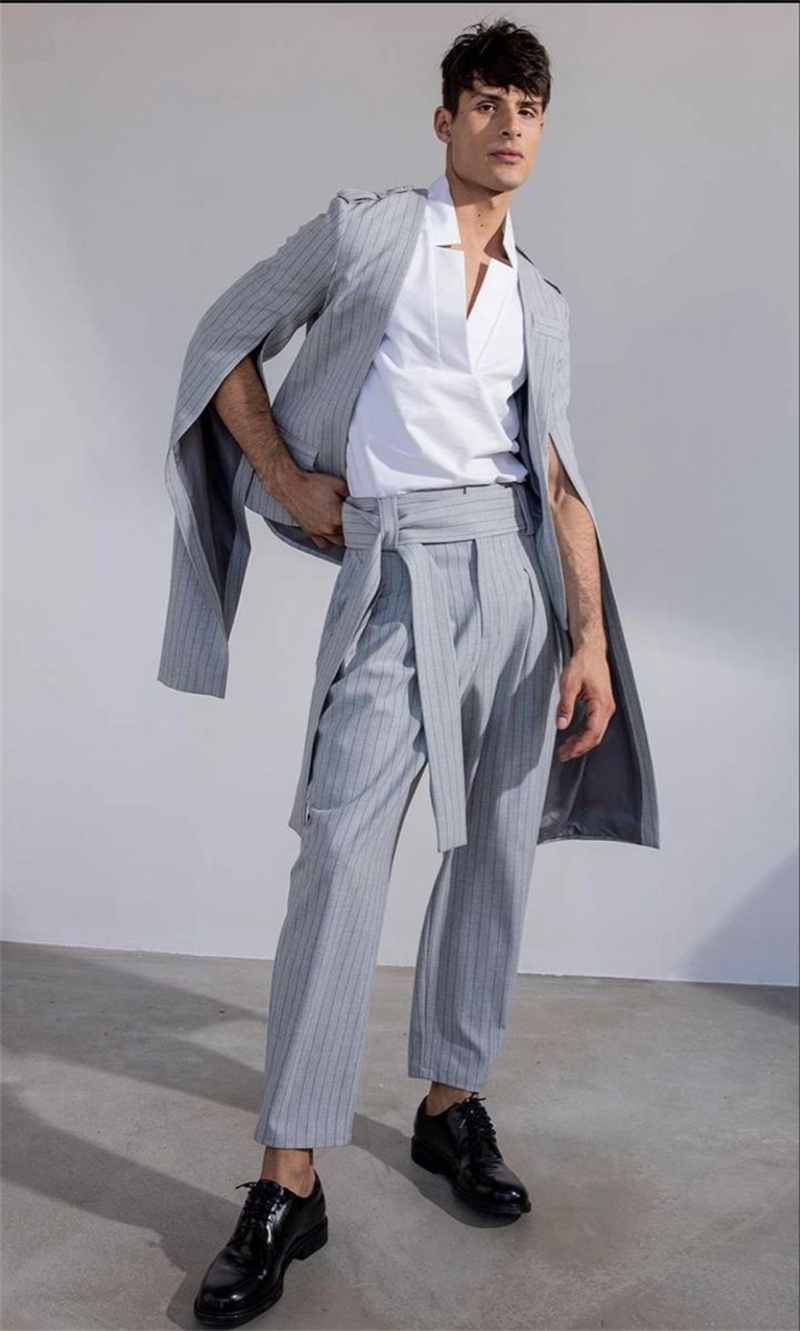 Pinstripe Grey Men Suit Set 2  - Men Formal Wear With Coat ulasan dan harga