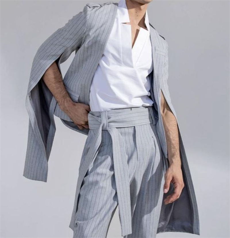 Pinstripe Grey Men Suit Set 2  - Men Formal Wear With Coat ulasan dan harga