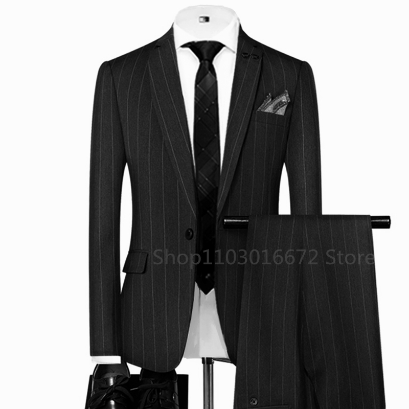 Grey/Black Striped Mens Suits  - Men Formal Wear Wedding ulasan dan harga
