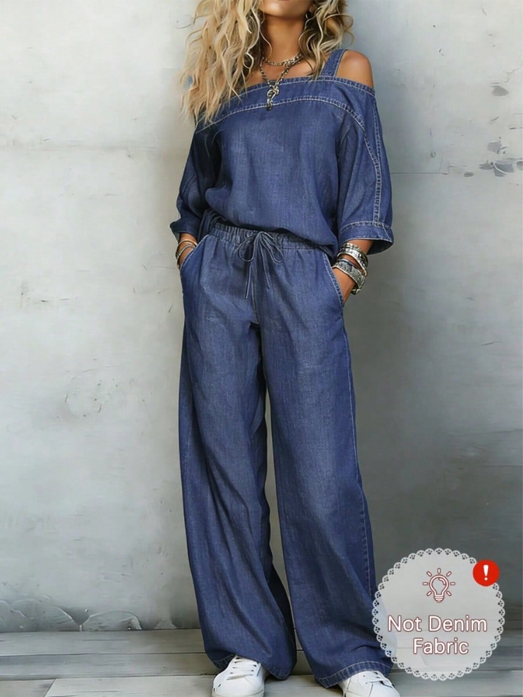 Women Denim‑Look 2 Piece Outfi - Pocket Square Set ulasan dan harga
