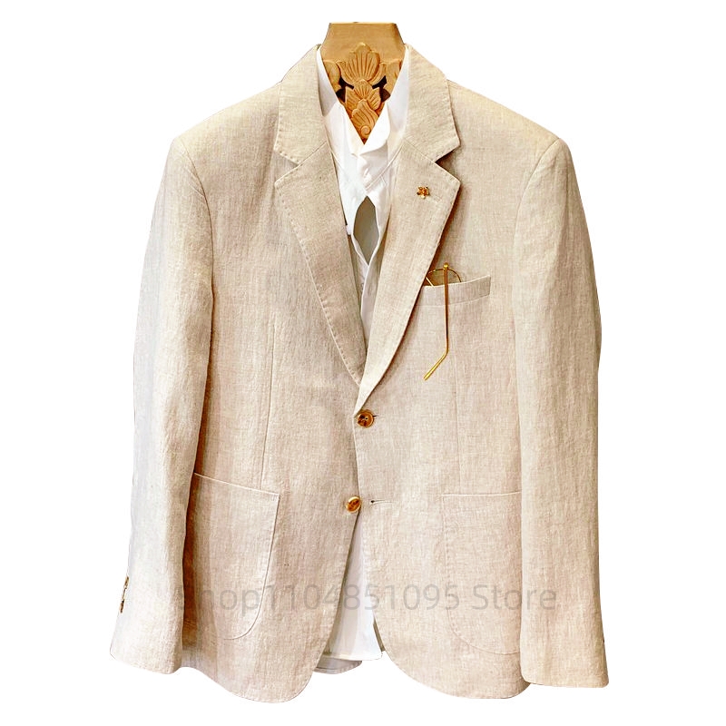 Beige Men Suit Linen Blazers J - Men Formal Wear With Coat ulasan dan harga