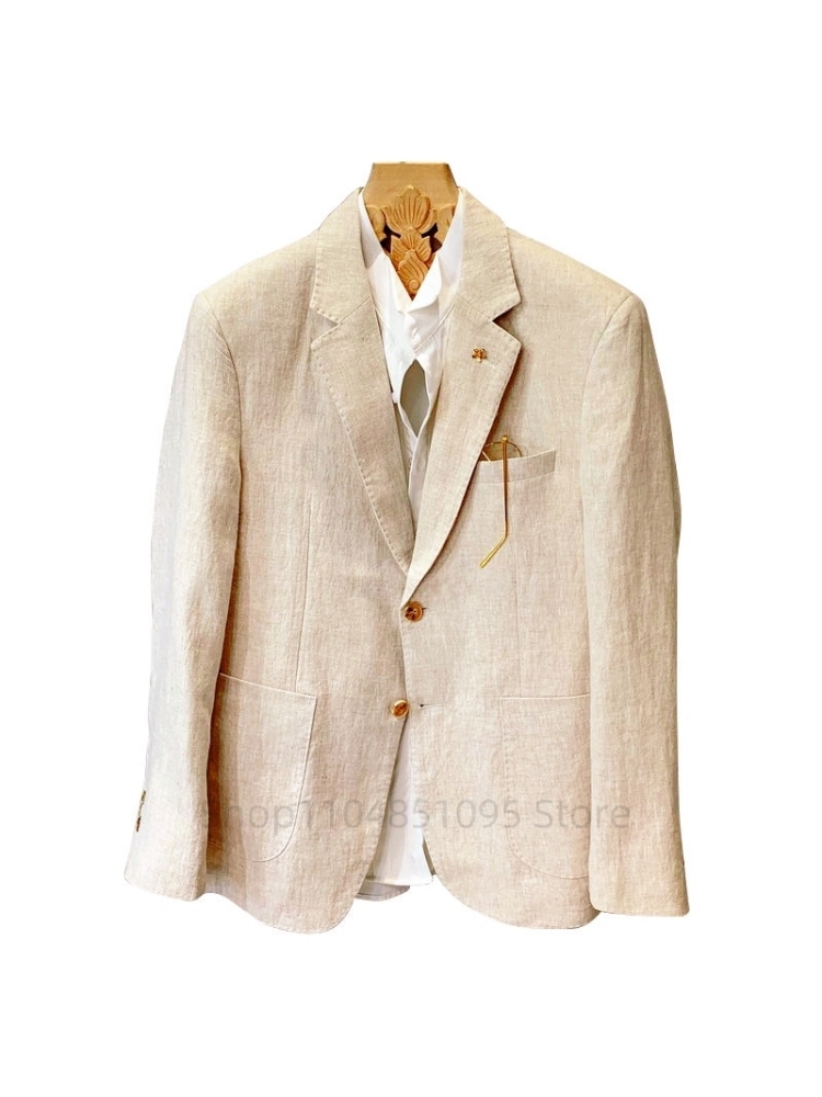 Beige Men Suit Linen Blazers J - Men Formal Wear With Coat ulasan dan harga